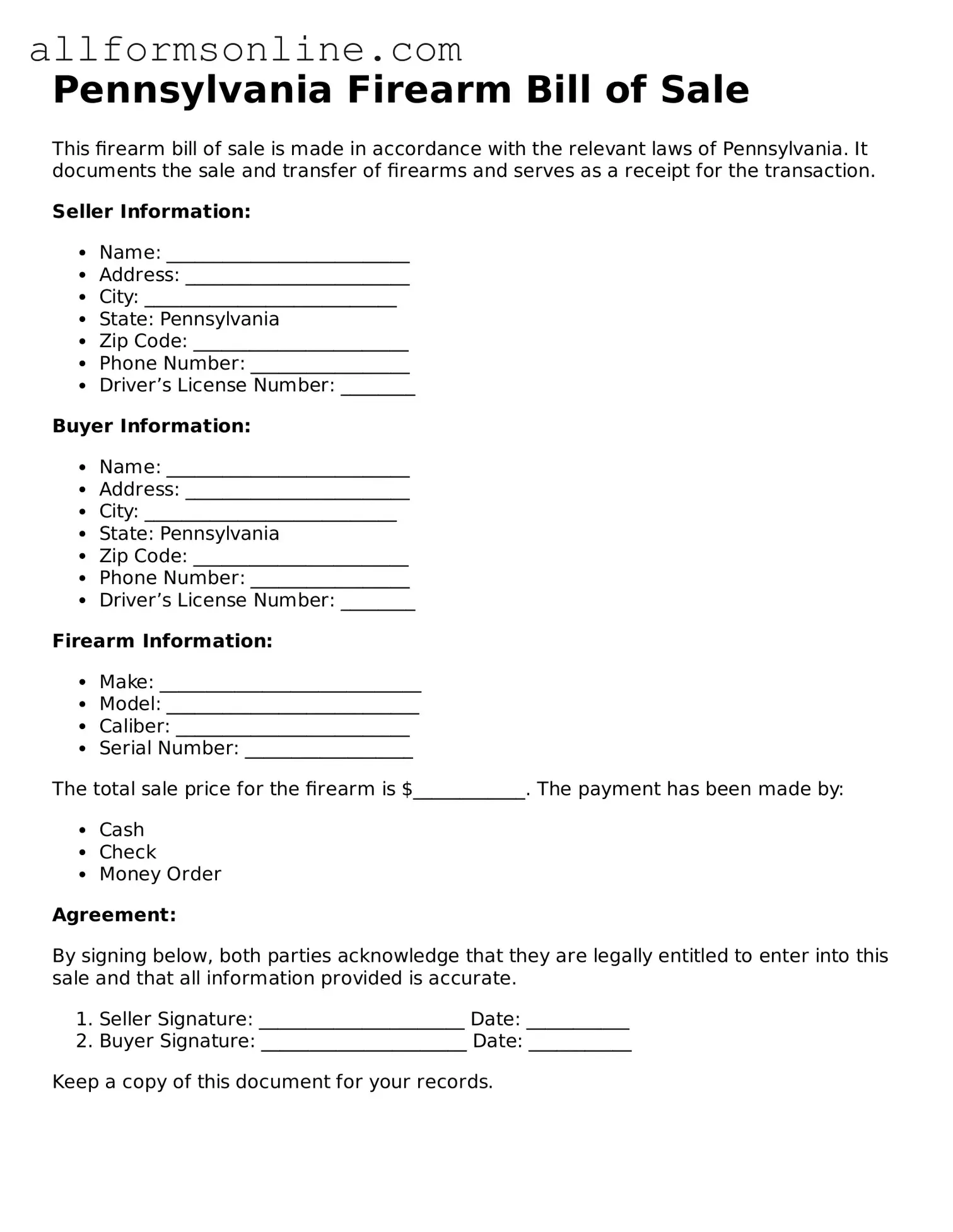 Attorney-Approved  Firearm Bill of Sale Form for Pennsylvania