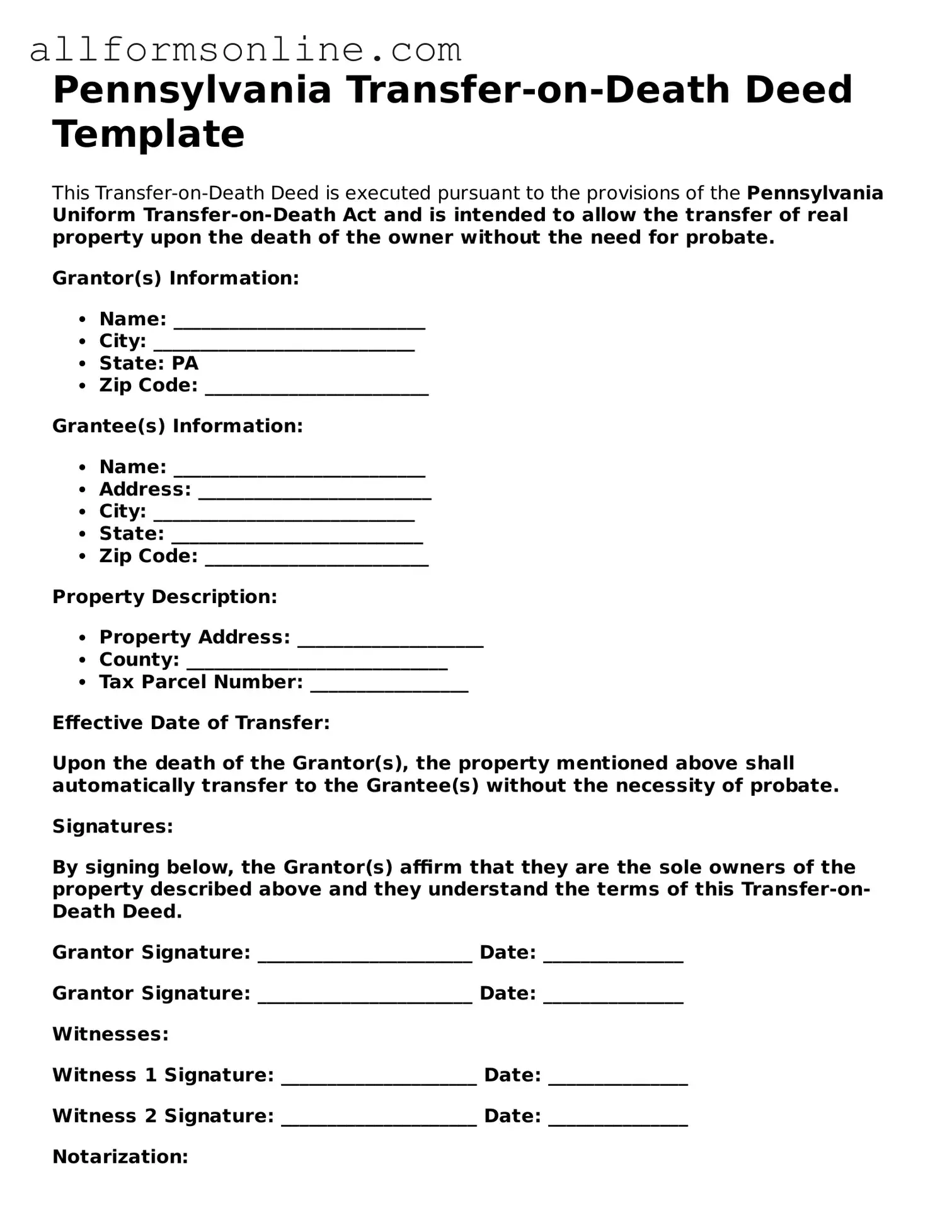 Attorney-Approved  Transfer-on-Death Deed Form for Pennsylvania