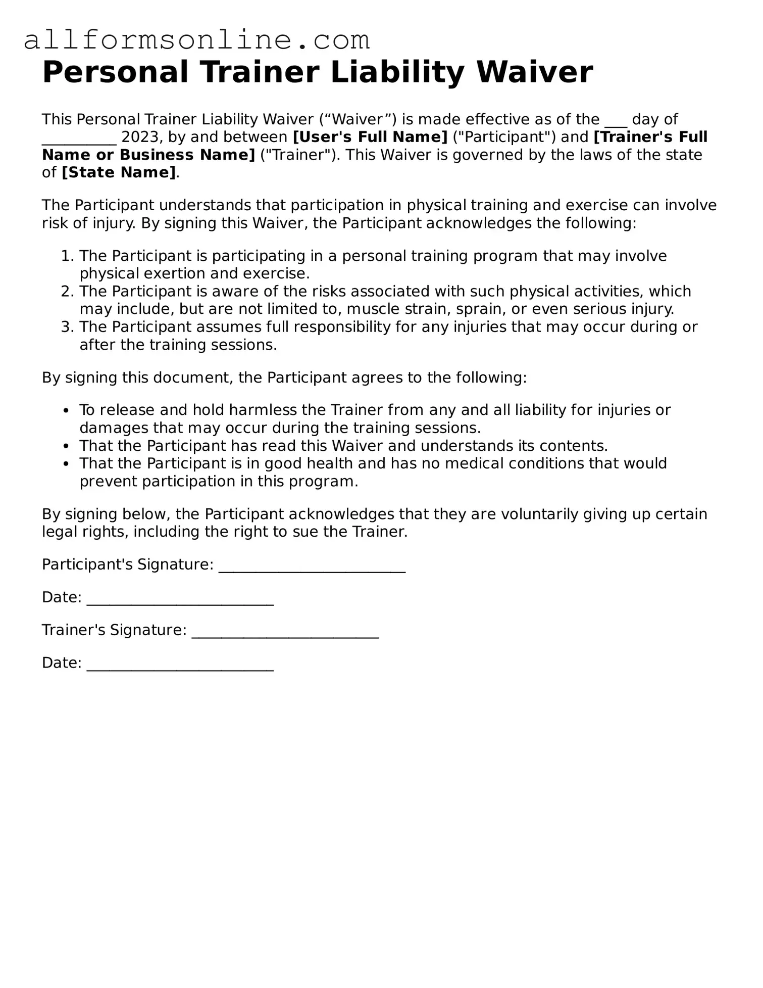 Blank Personal Trainer Liability Waiver Form