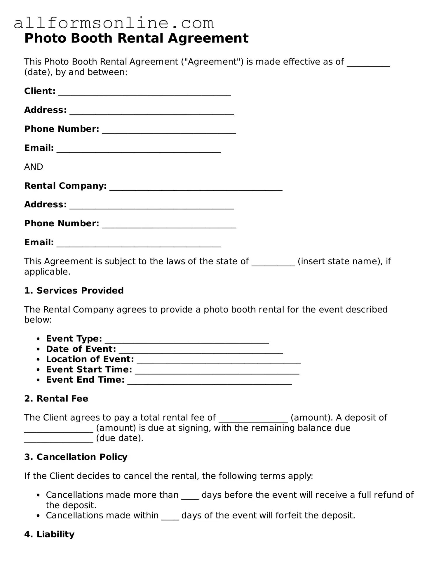 Blank Photo Booth Rental Agreement Form