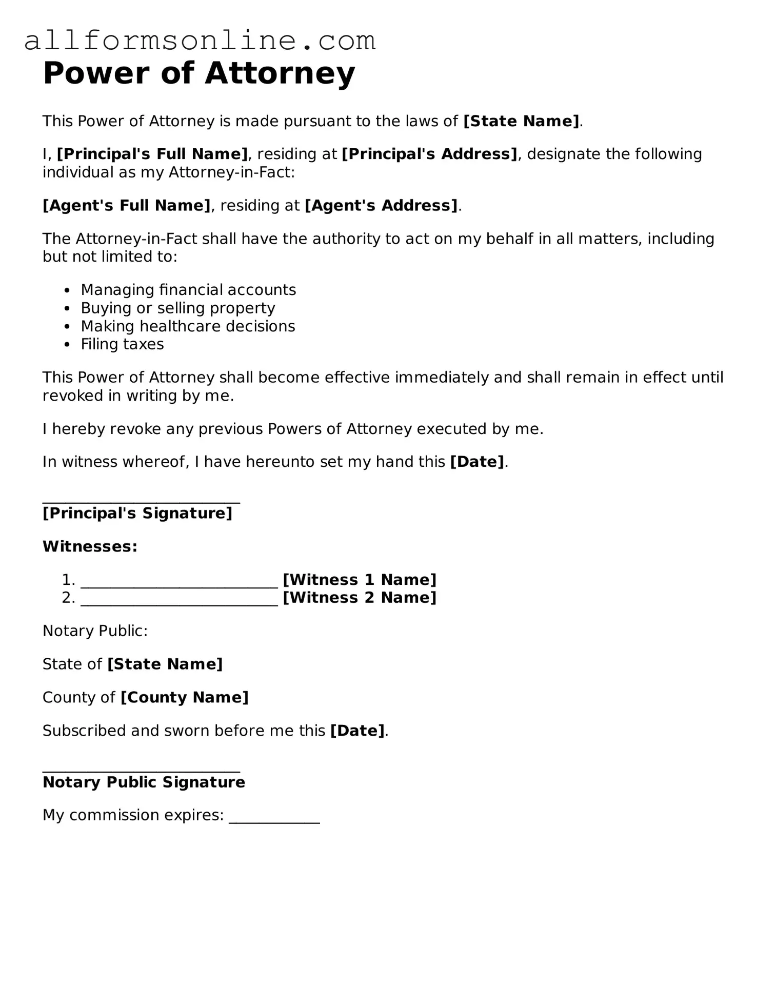 Blank Power of Attorney Form