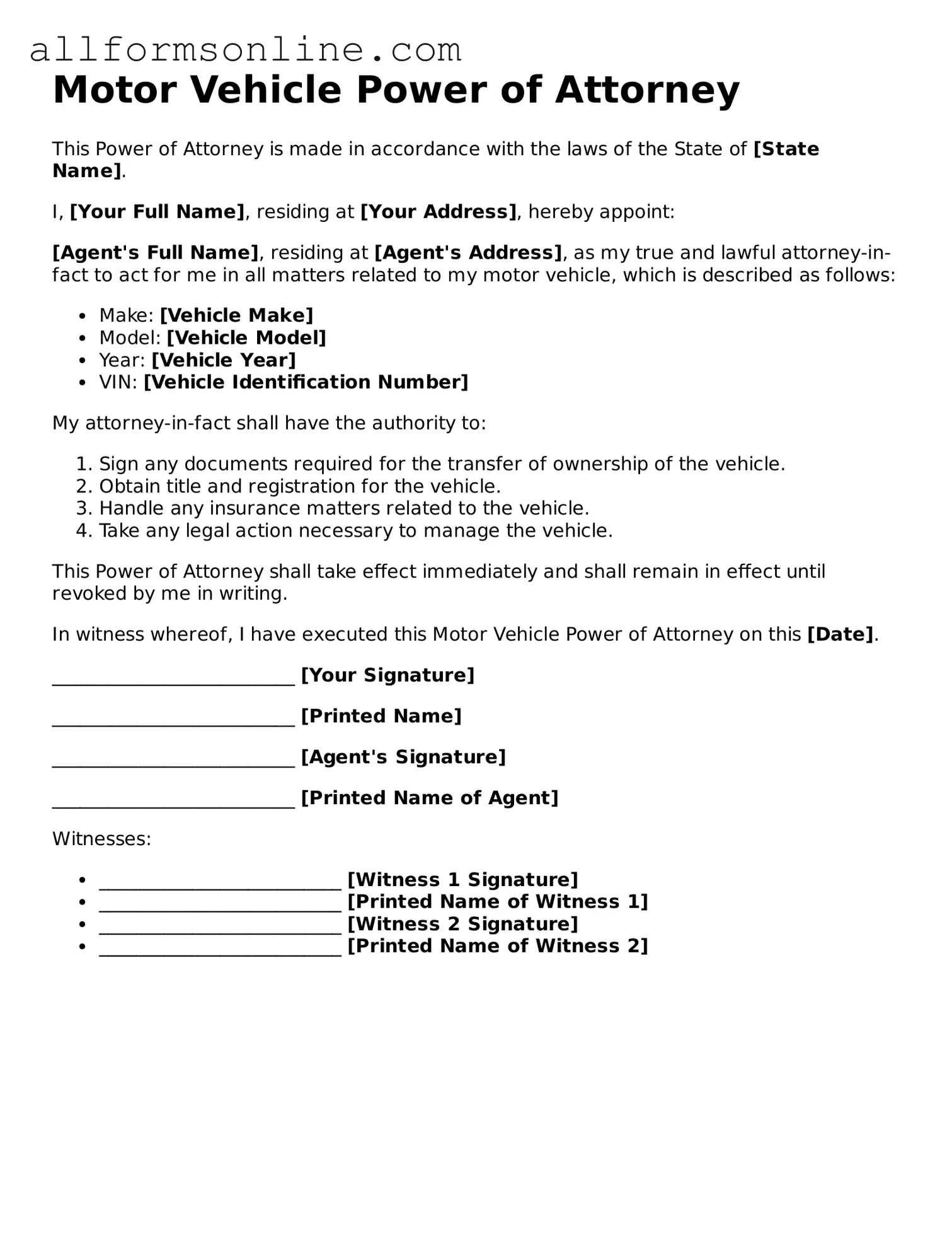 Blank Motor Vehicle Power of Attorney Form