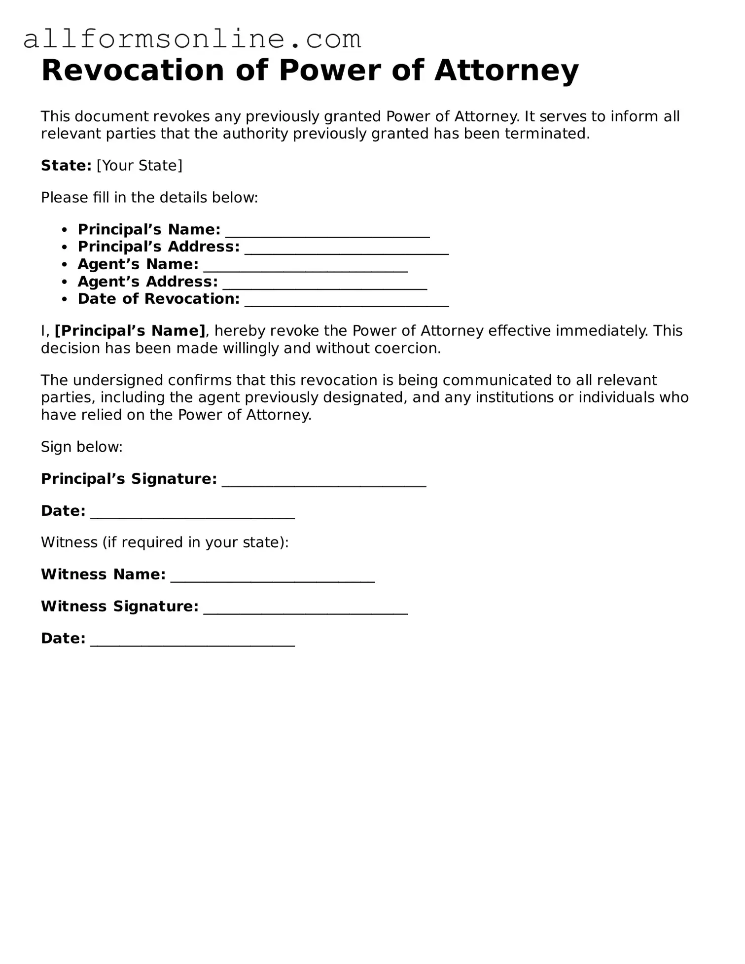 Blank Revocation of Power of Attorney Form
