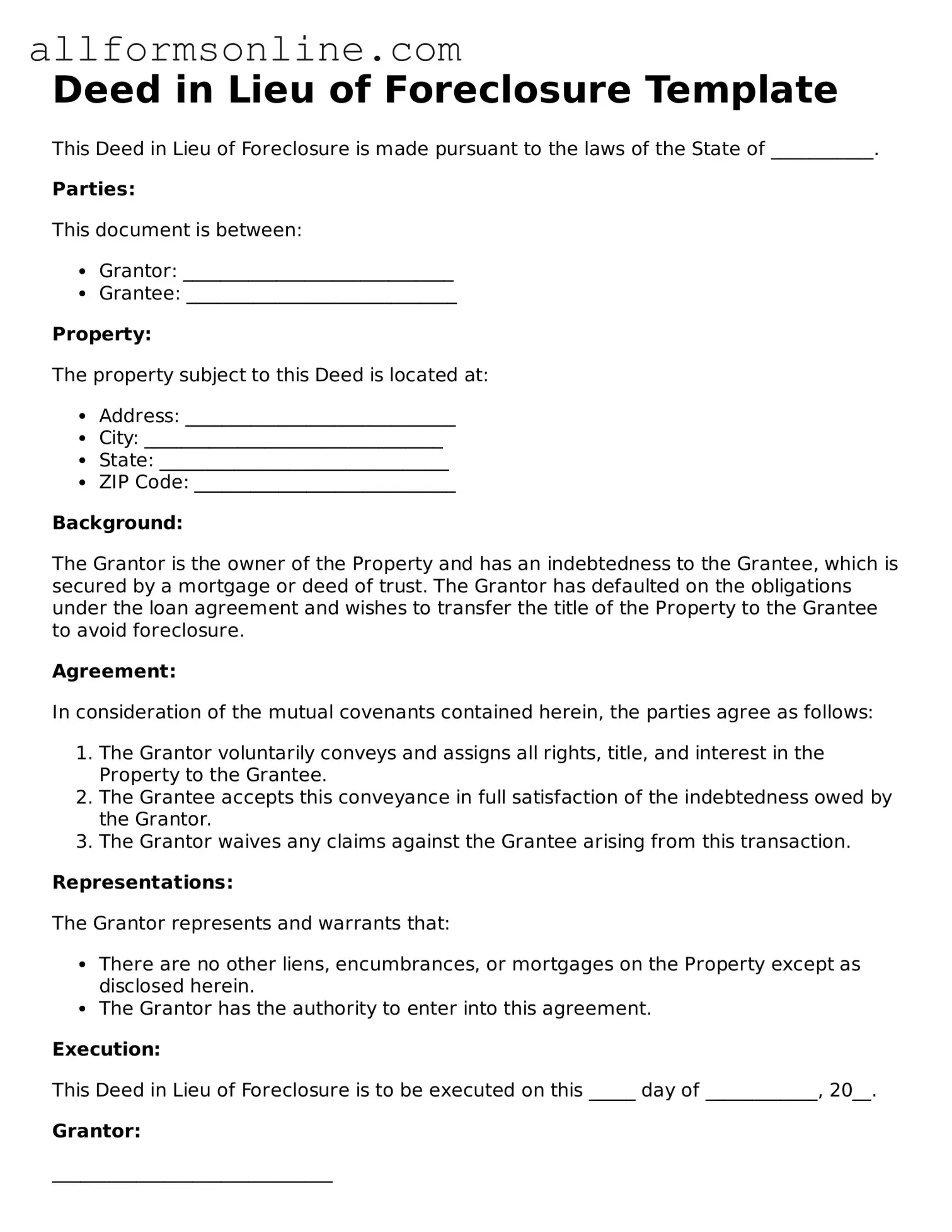 Blank Deed in Lieu of Foreclosure Form