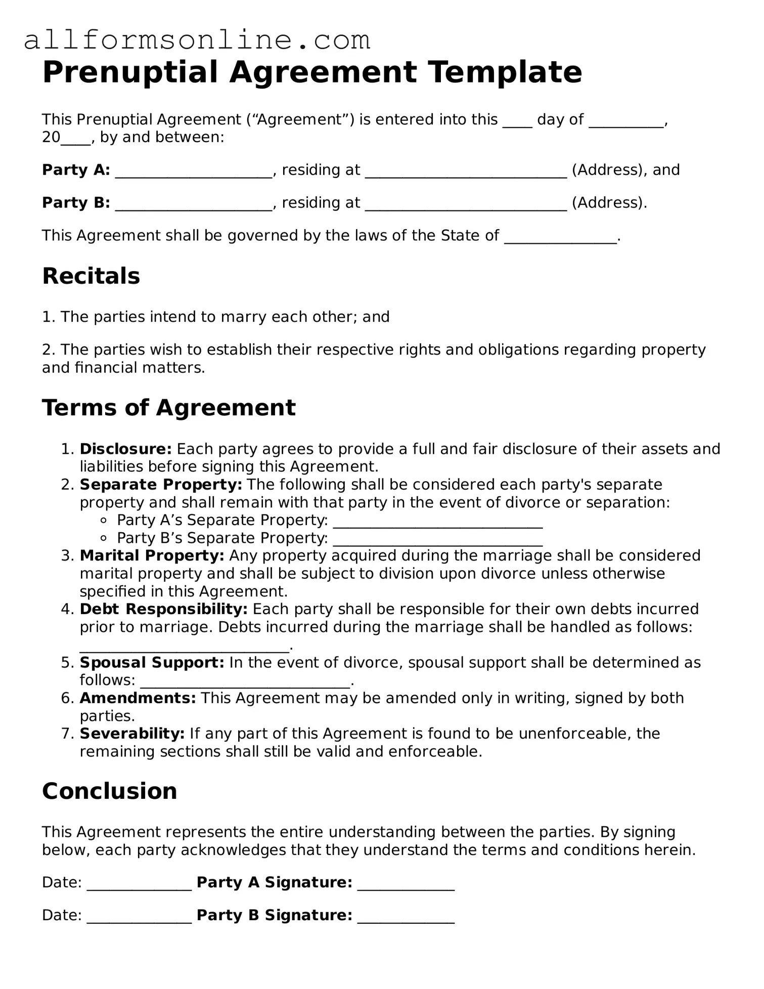 Blank Prenuptial Agreement Form