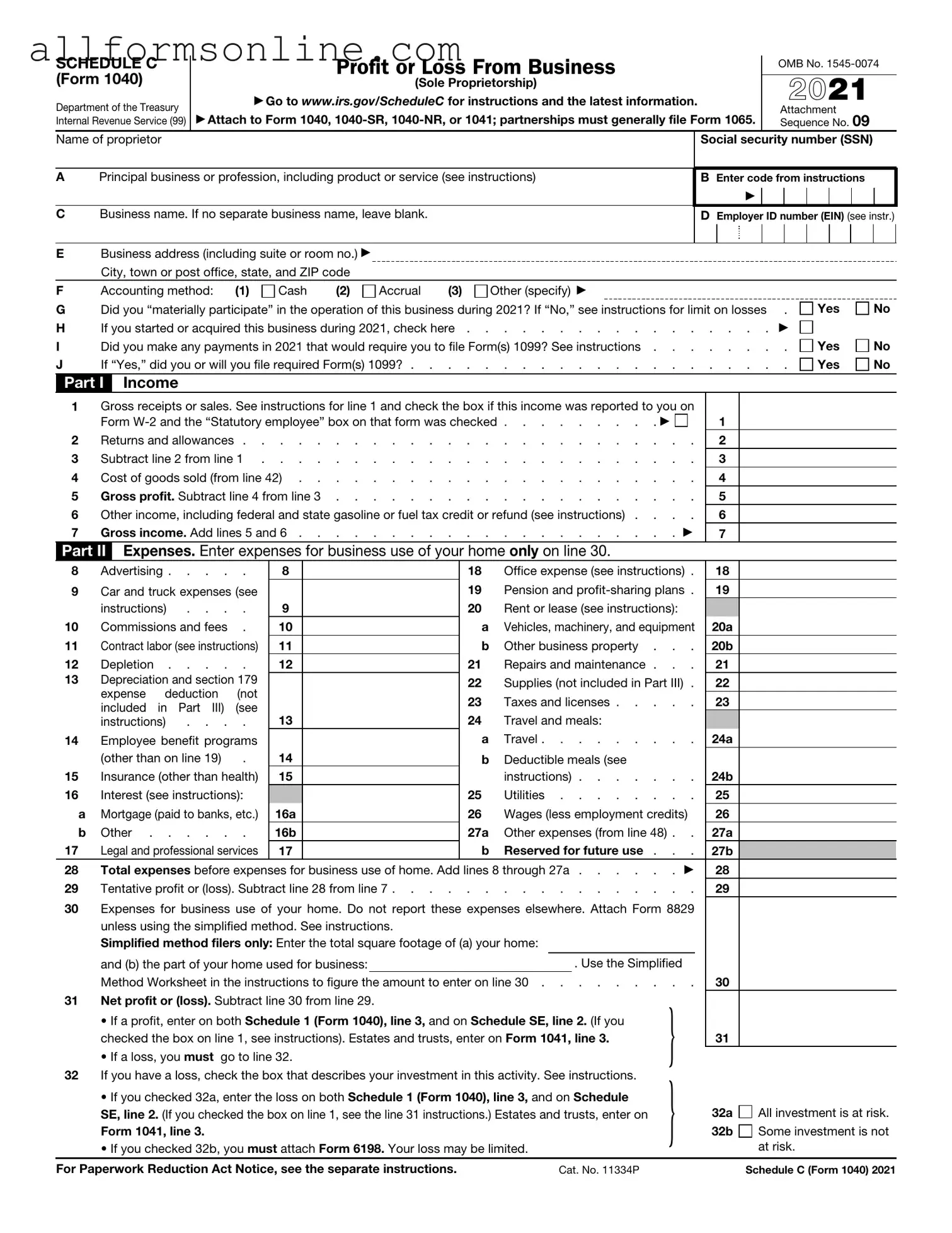 Free IRS Schedule C 1040 PDF Form