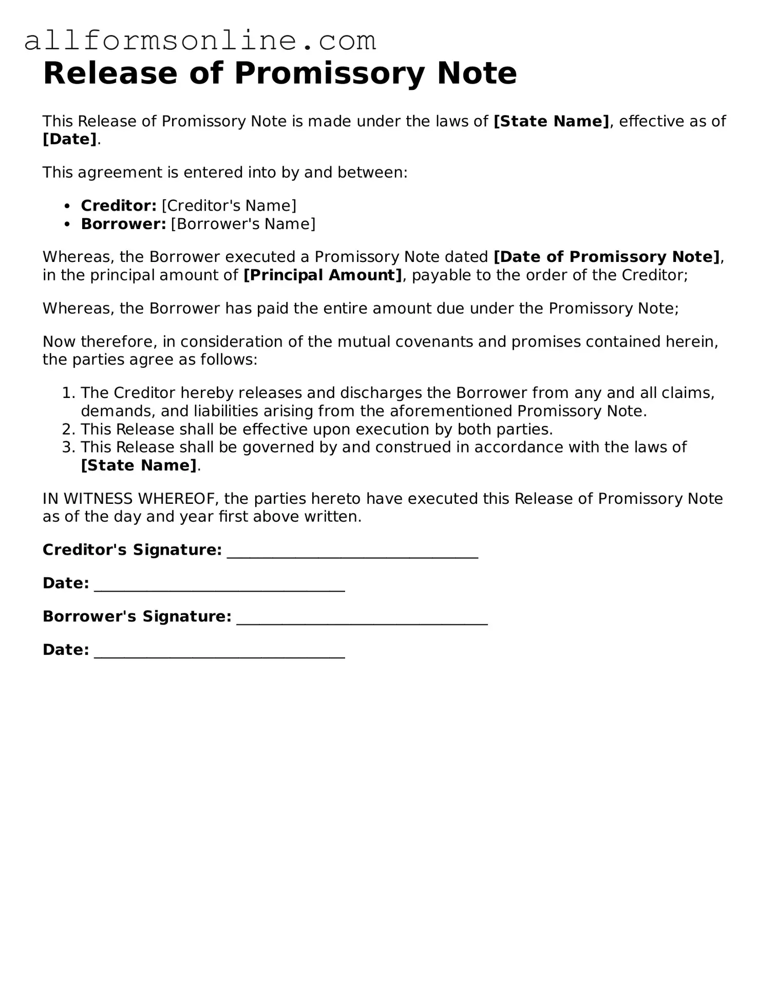 Blank Release of Promissory Note Form
