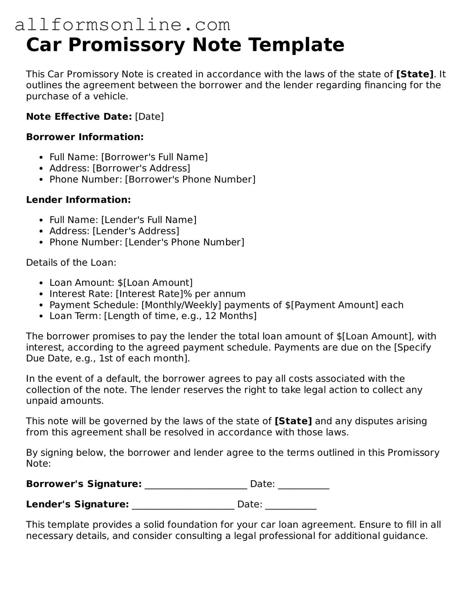 Blank Promissory Note for a Car Form