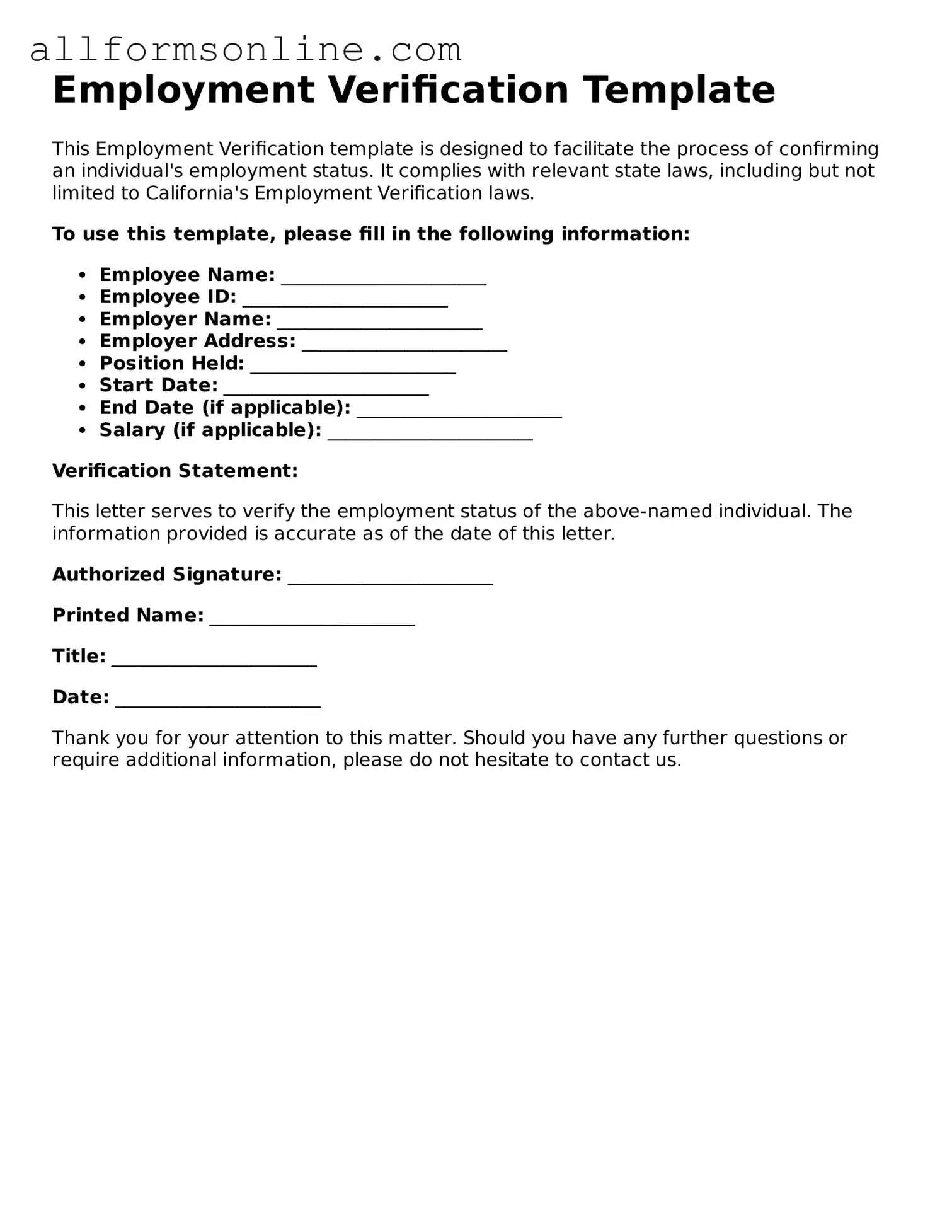 Blank Employment Verification Form