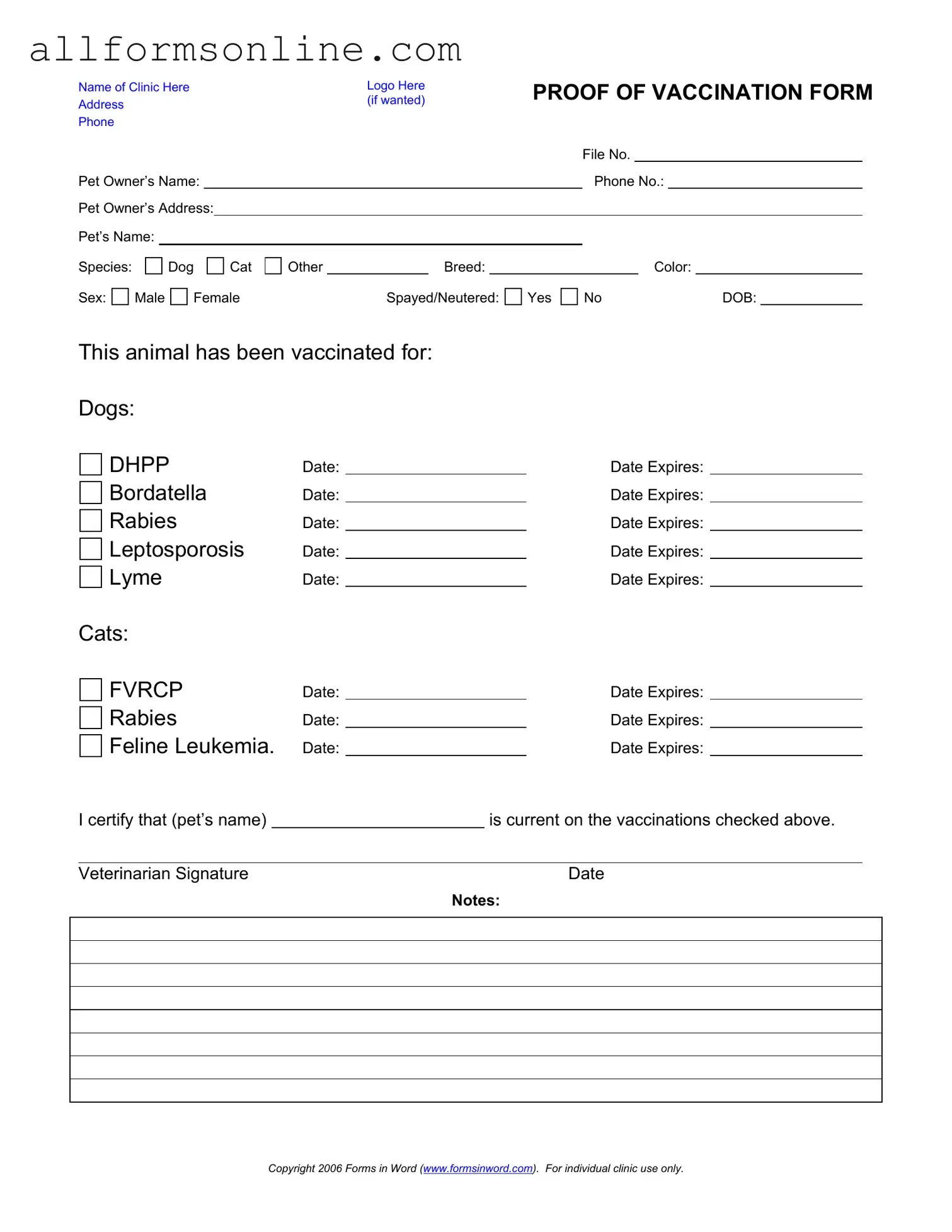 Free Proof Of Vaccination Dog PDF Form