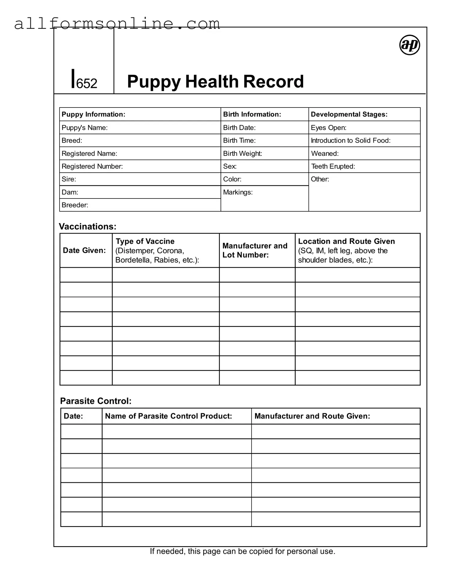 Free Puppy Health Record PDF Form