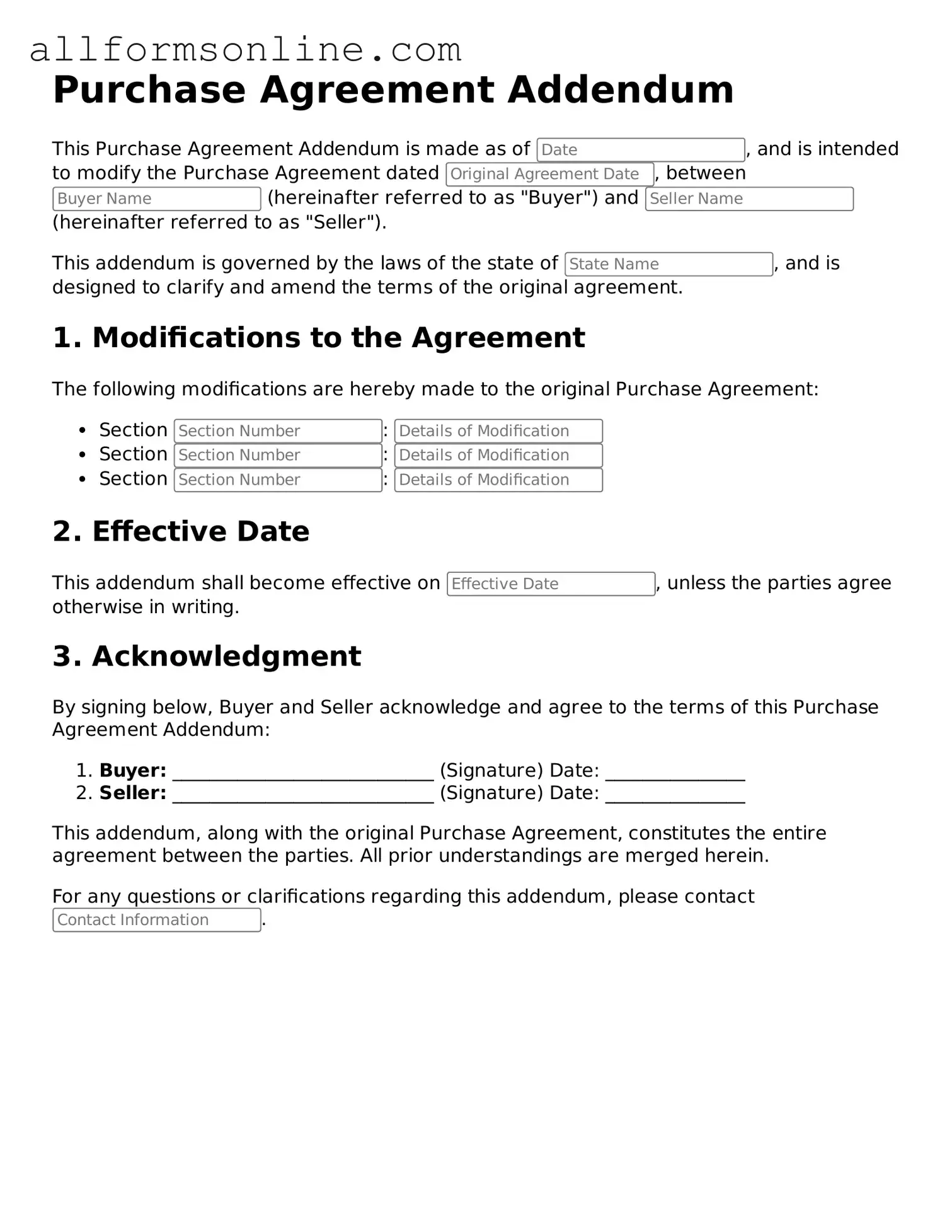 Blank Purchase Agreement Addendum Form