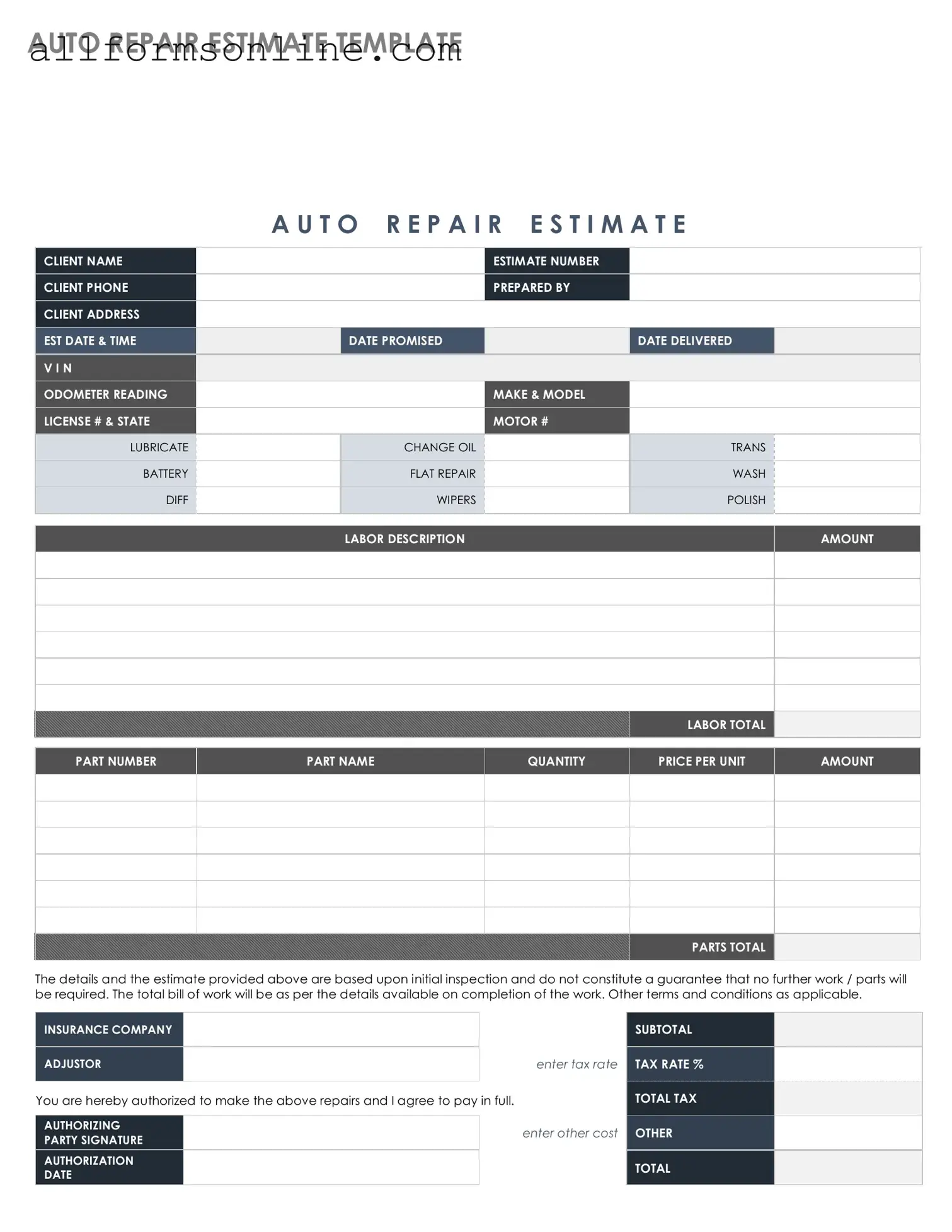 Free Auto Repair Estimate PDF Form