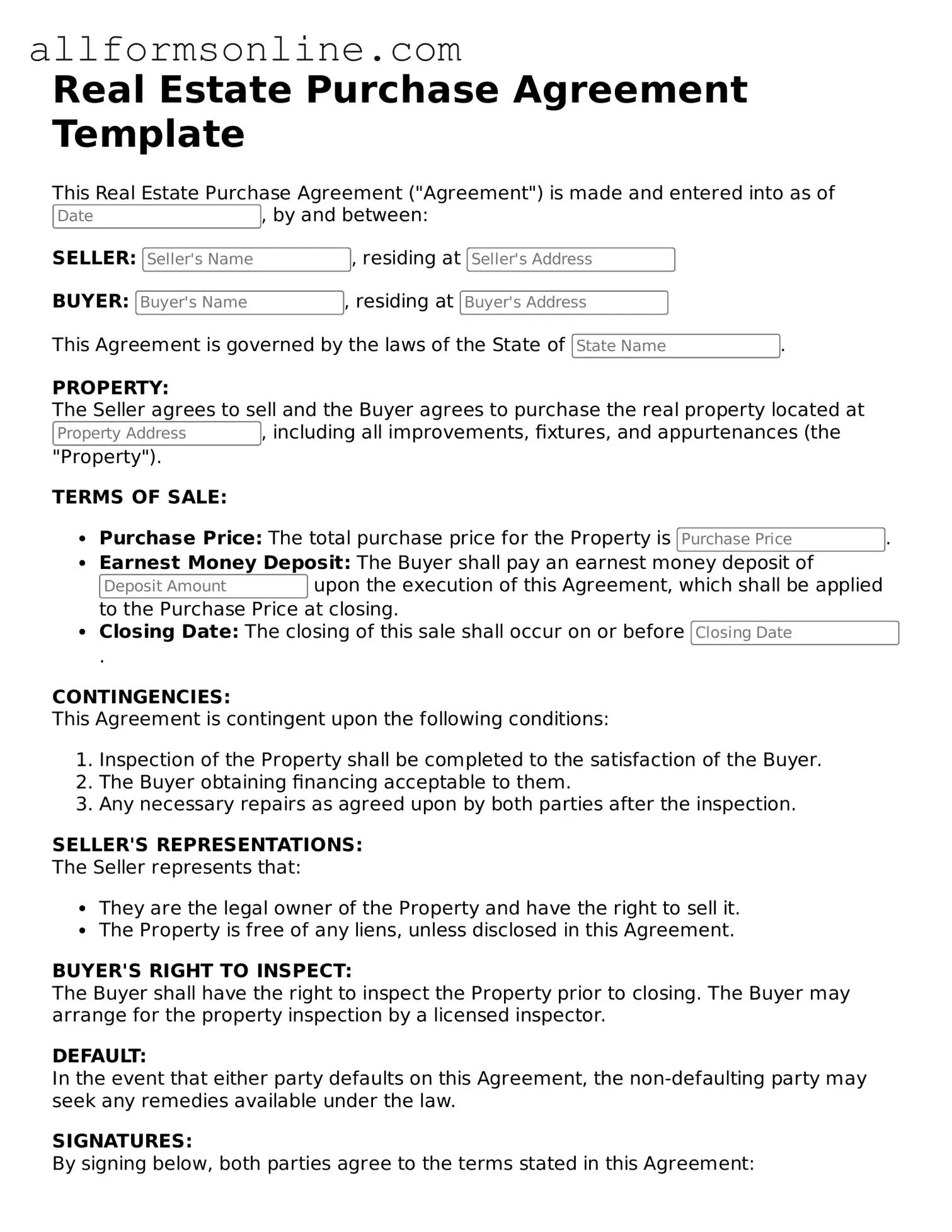 Blank Real Estate Purchase Agreement Form