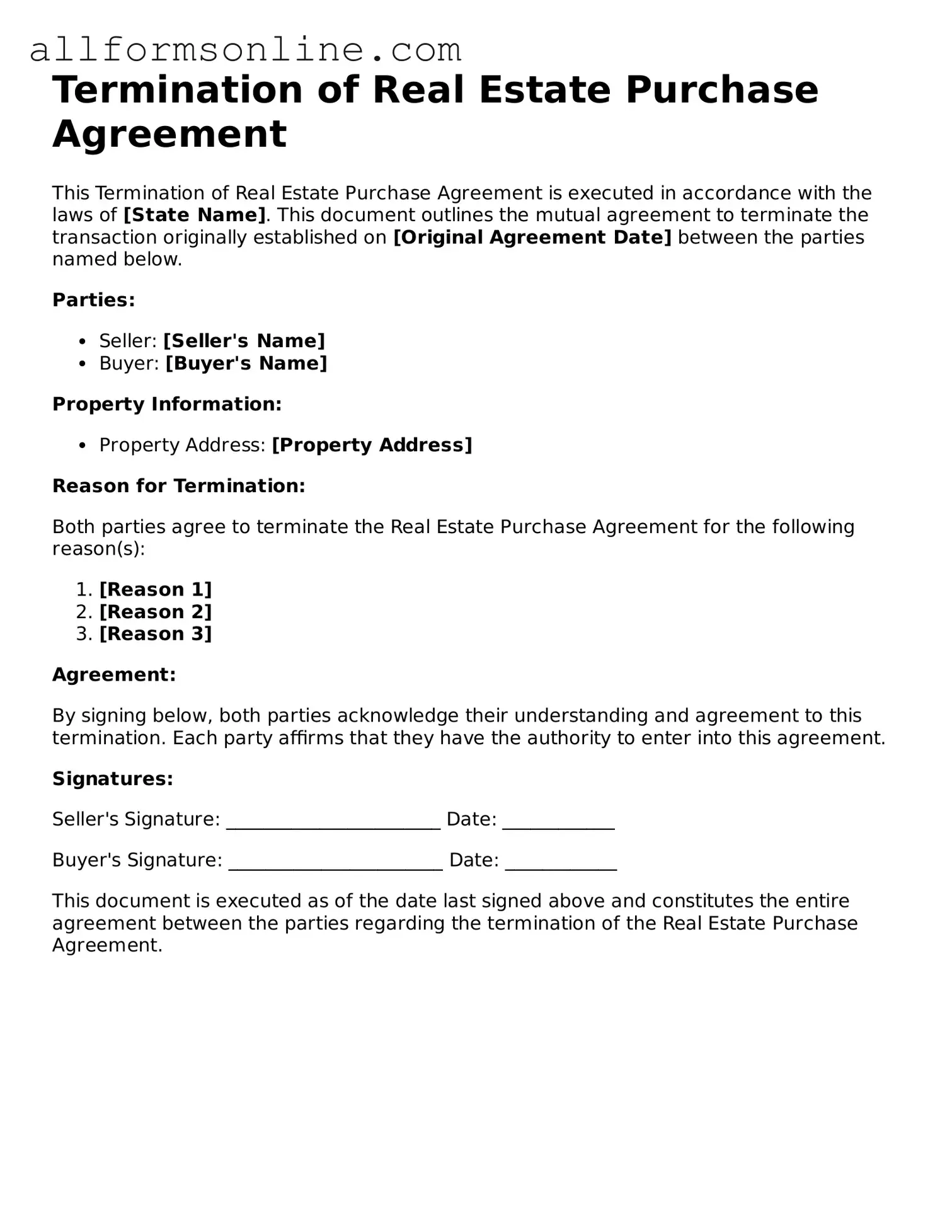 Blank Termination of Real Estate Purchase Agreement Form