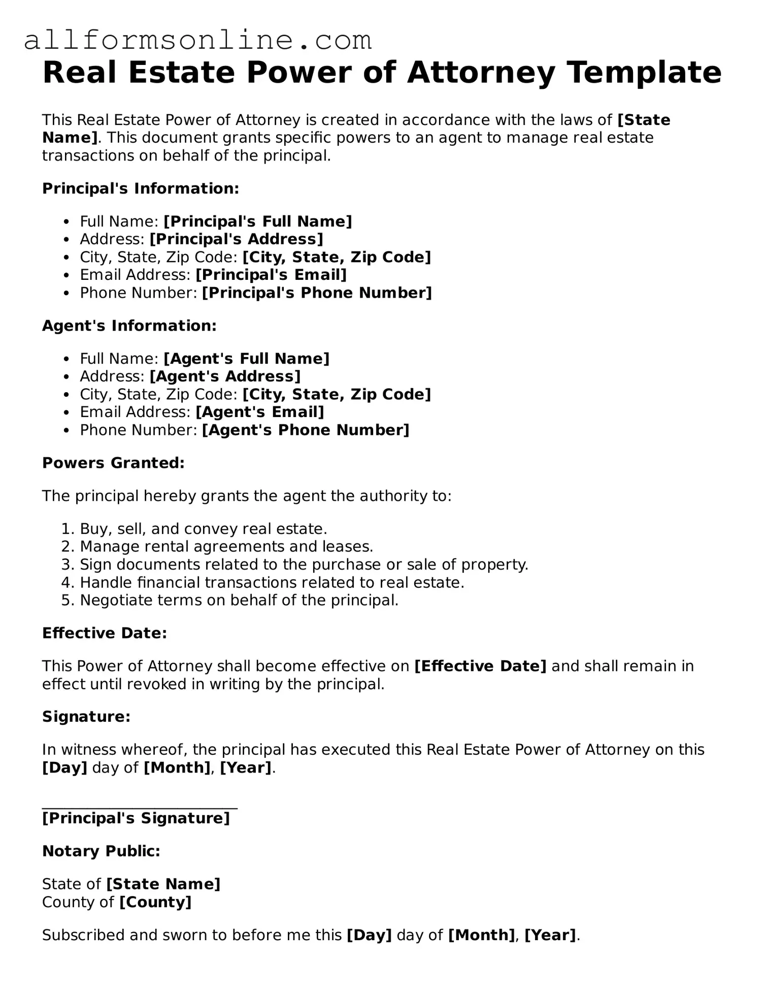 Blank Real Estate Power of Attorney Form