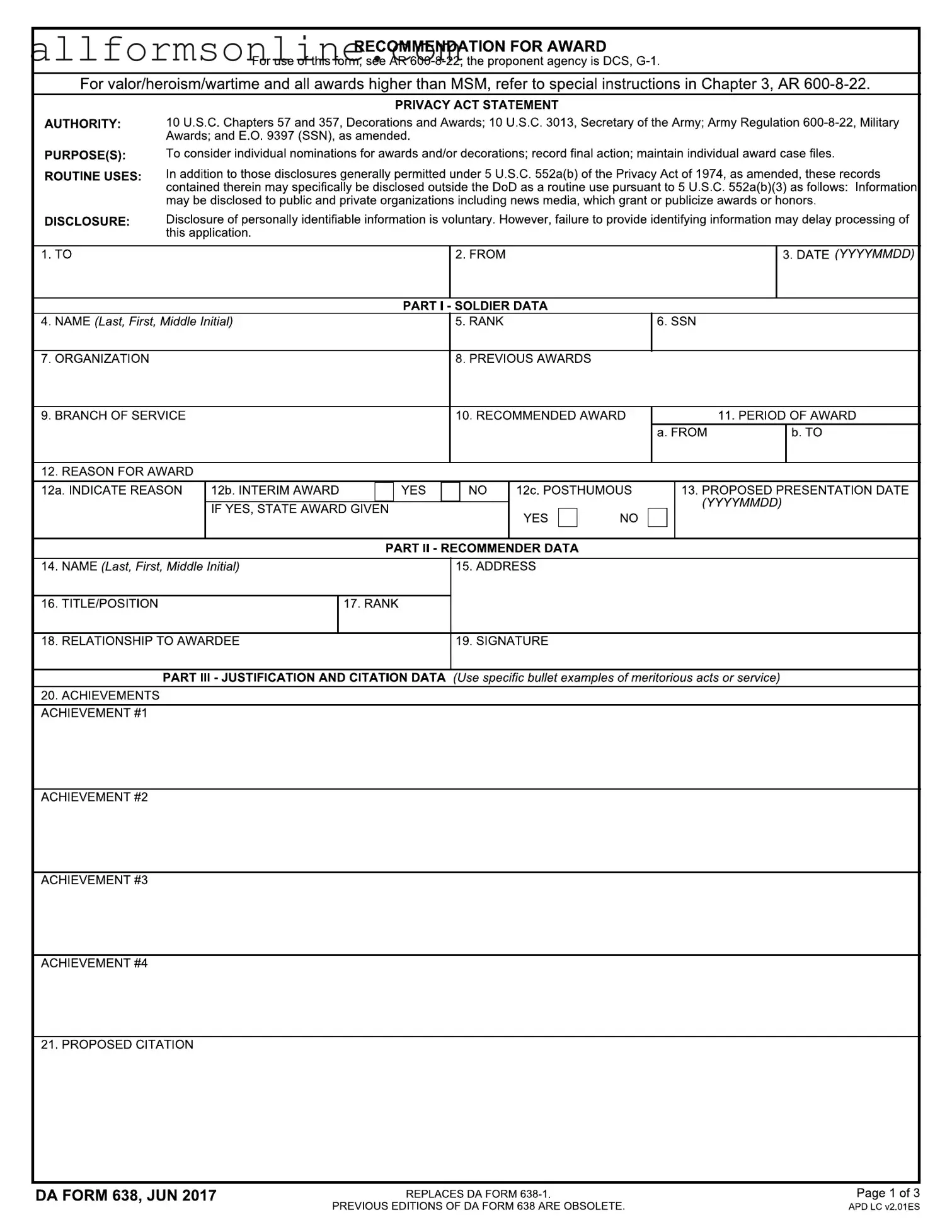 Free Da 638 PDF Form
