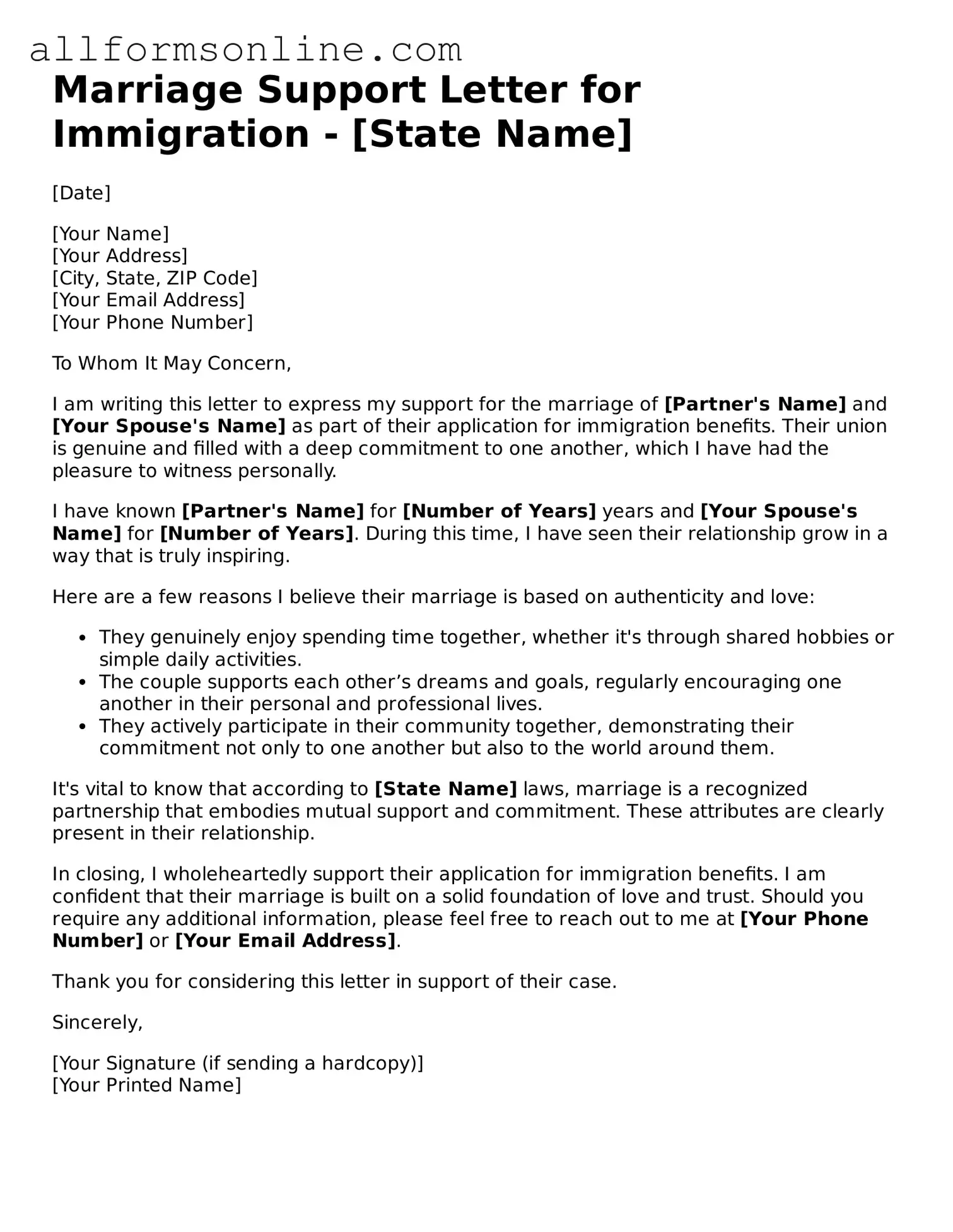 Blank Marriage Support Letter for Immigration Form