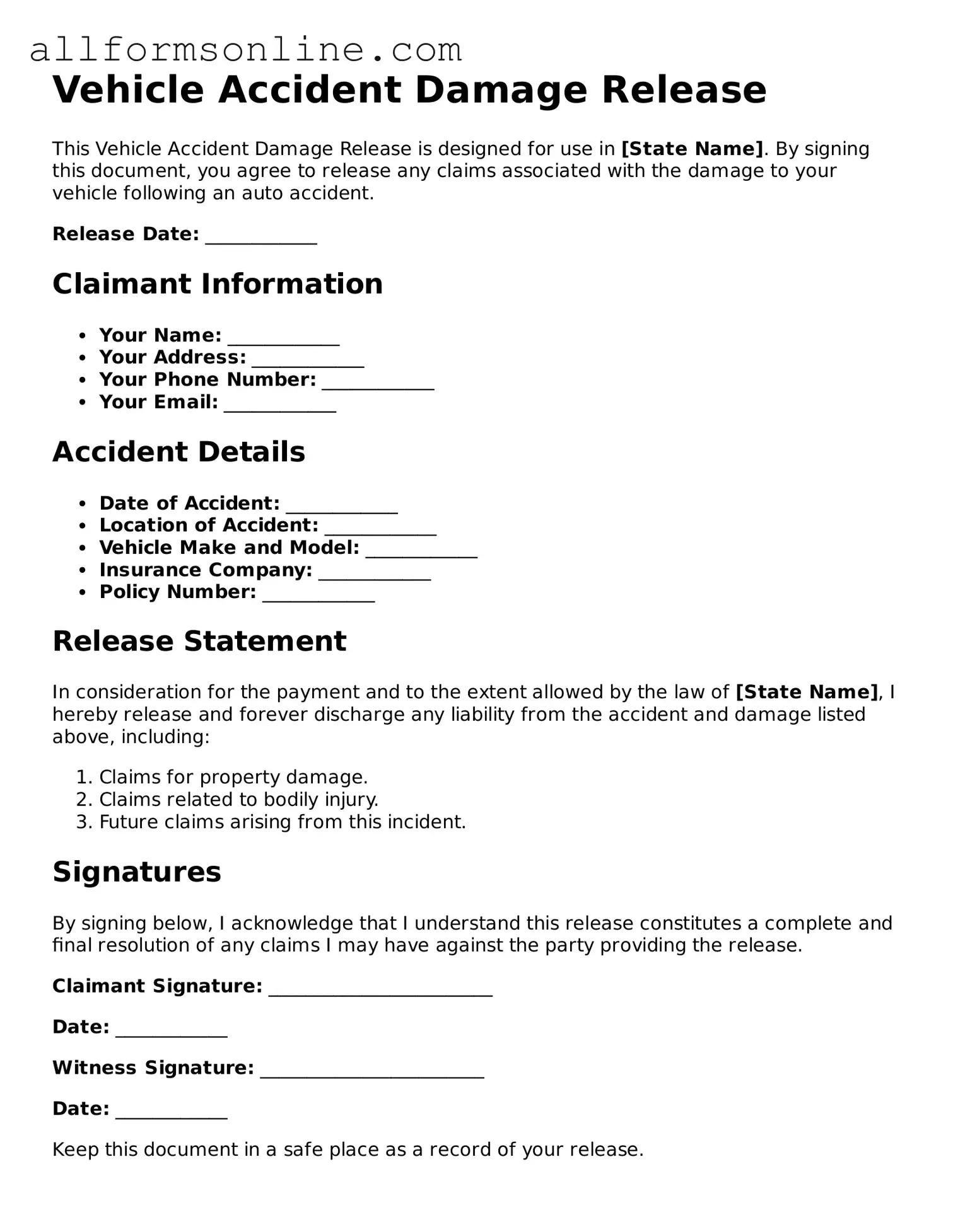 Blank Vehicle Accident Damage Release Form