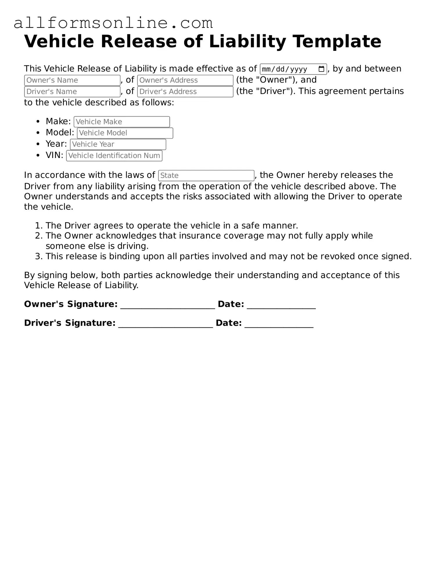 Blank Vehicle Release of Liability Form