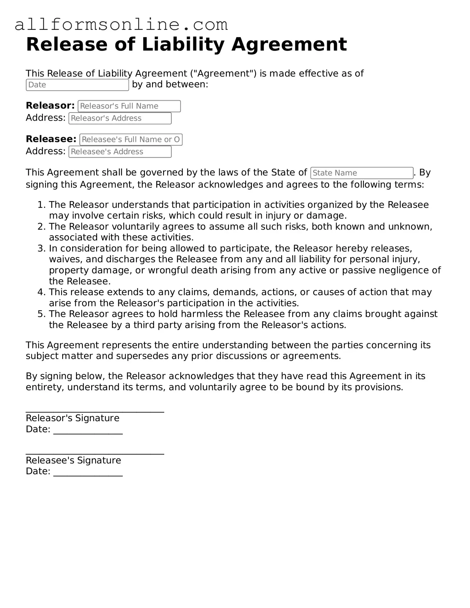 Blank Release of Liability Form