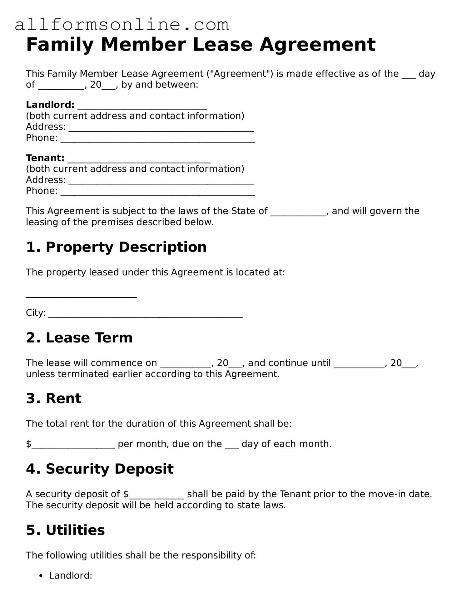Blank Family Member Lease Agreement Form