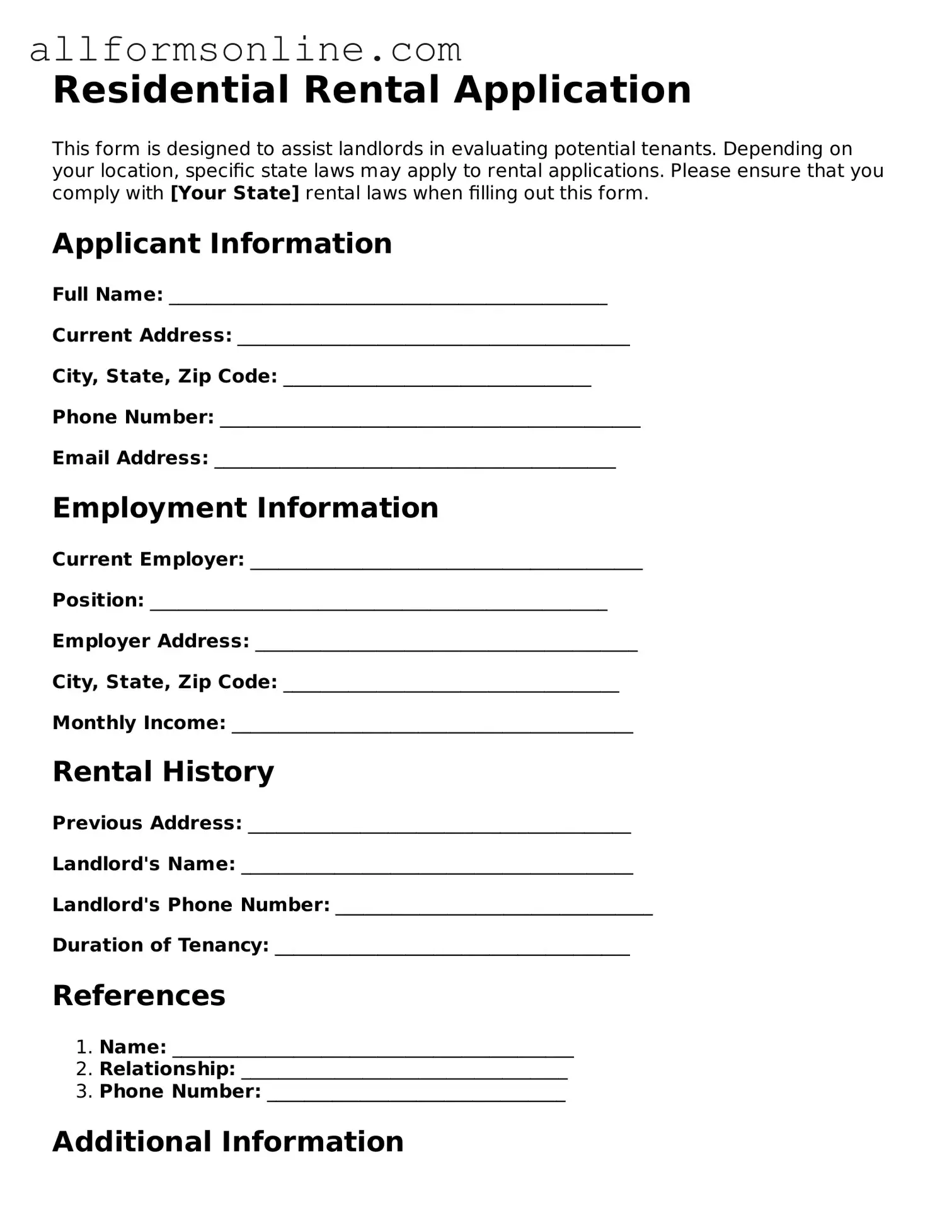 Blank Rental Application Form