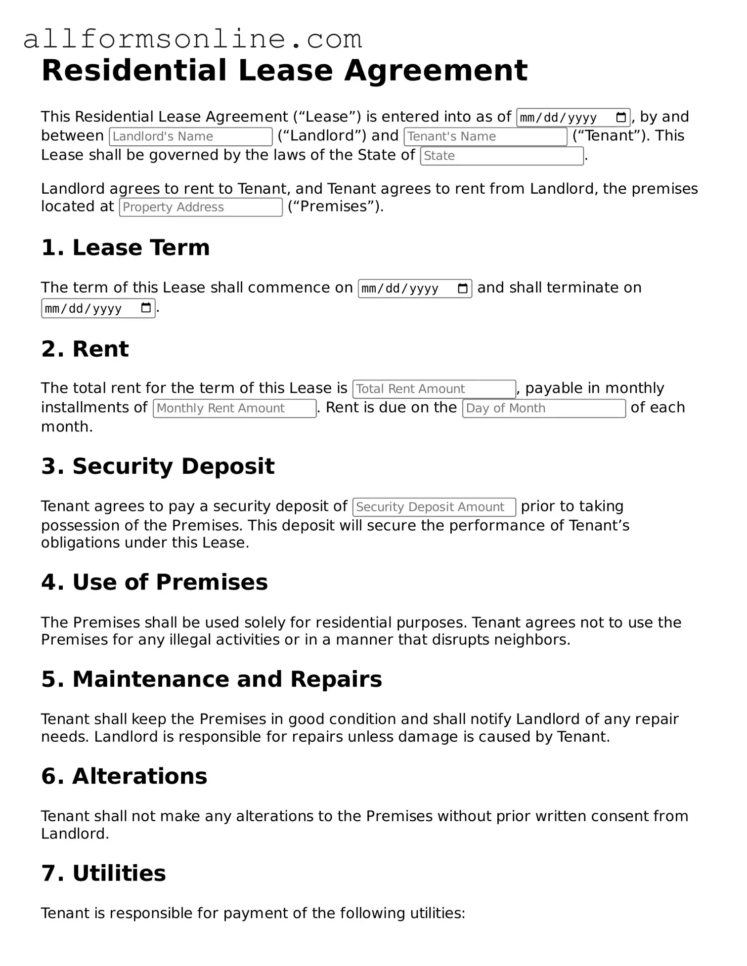 Blank Lease Agreement Form