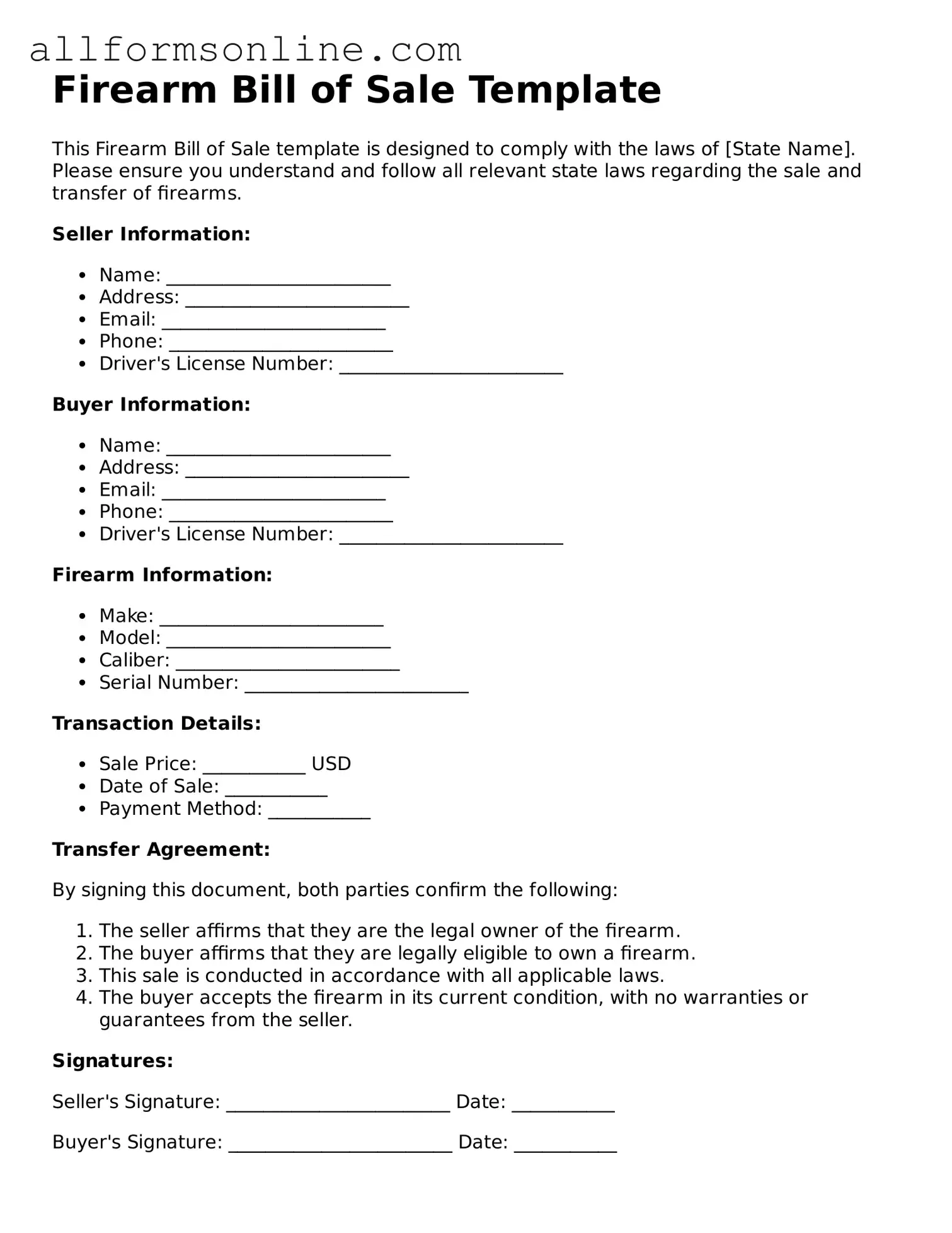 Blank Firearm Bill of Sale Form