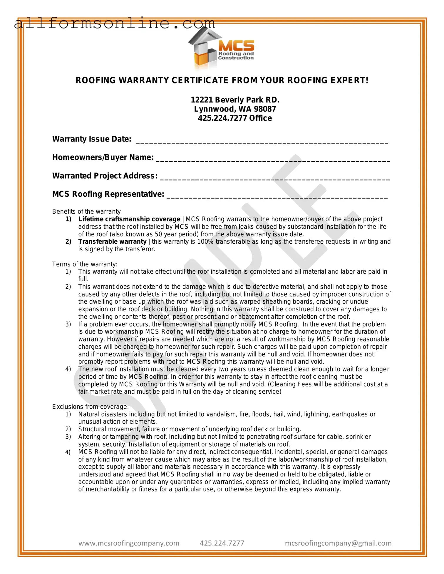 Free Roofing Warranty Certificate PDF Form