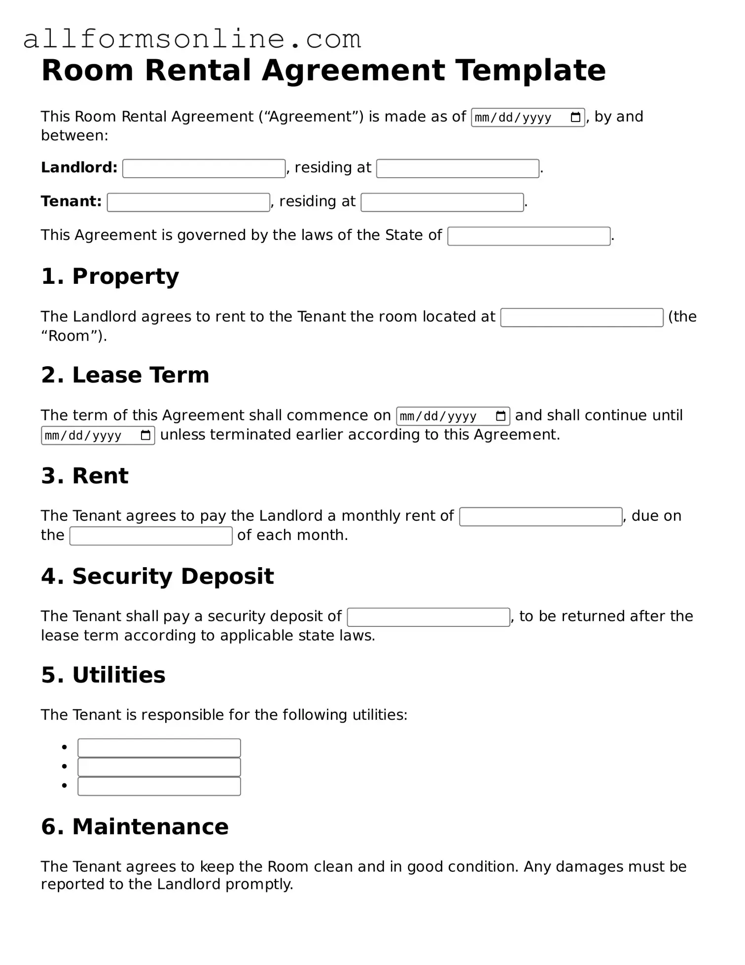 Blank Room Rental Agreement Form