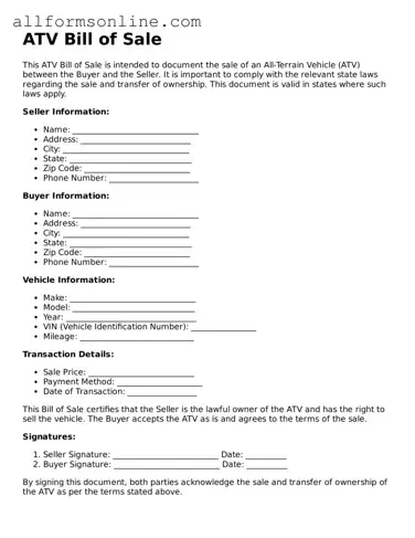 Blank ATV Bill of Sale Form