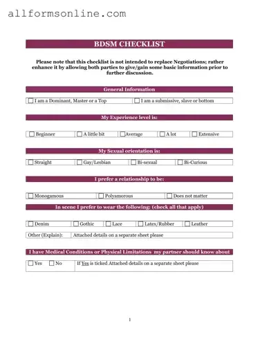 Free Bdsm Checklist PDF Form