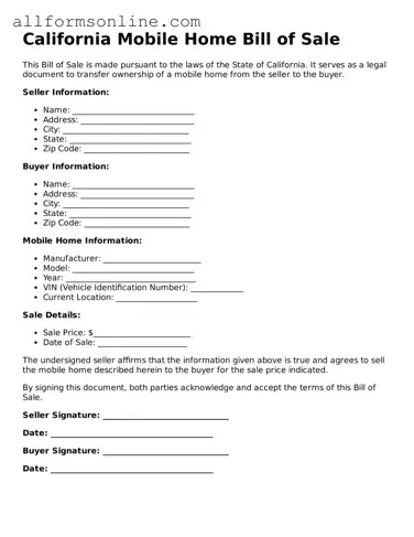 Attorney-Approved  Mobile Home Bill of Sale Form for California