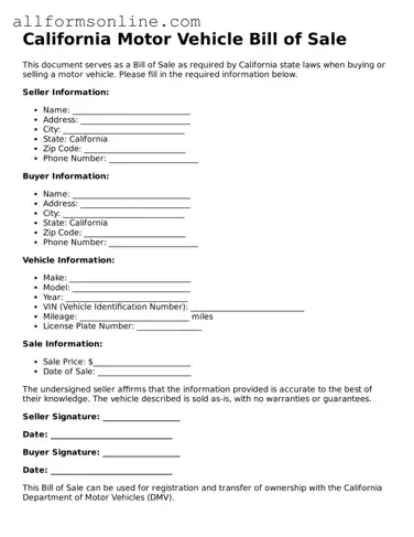 Attorney-Approved  Motor Vehicle Bill of Sale Form for California
