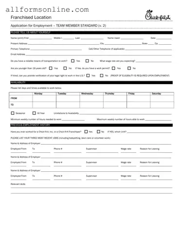 Free Chick Fil A Job Application PDF Form