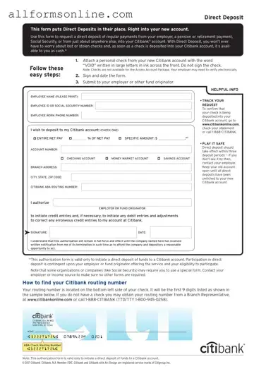 Free Citibank Direct Deposit PDF Form