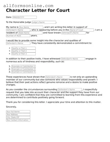 Blank Character Letter for Court Form