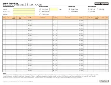 Free Electrical Panel Schedule PDF Form