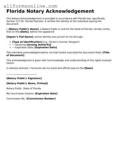 Attorney-Approved  Notary Acknowledgement Form for Florida