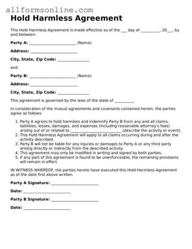 Blank Hold Harmless Agreement Form