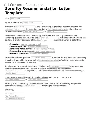 Blank Sorority Recommendation Letter Form