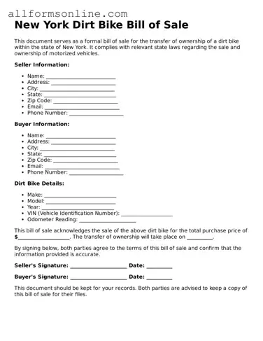 Attorney-Approved  Dirt Bike Bill of Sale Form for New York