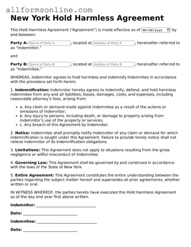 Attorney-Approved  Hold Harmless Agreement Form for New York
