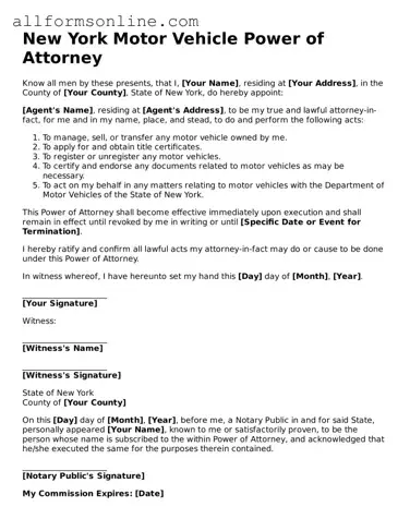 Attorney-Approved  Motor Vehicle Power of Attorney Form for New York