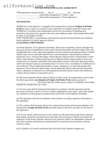 Free Owner Operator Lease Agreement PDF Form