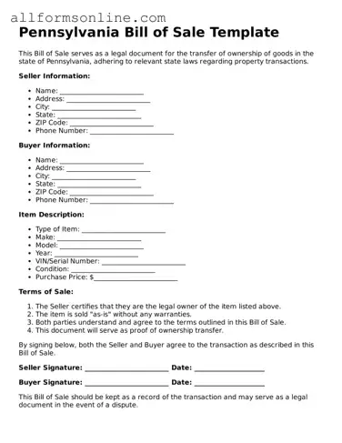 Attorney-Approved  Bill of Sale Form for Pennsylvania