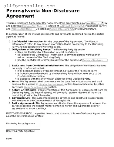 Attorney-Approved  Non-disclosure Agreement Form for Pennsylvania