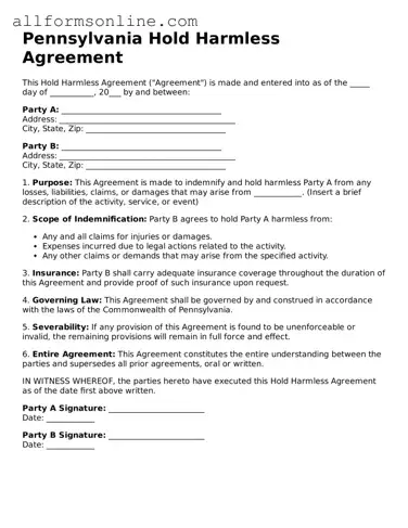 Attorney-Approved  Hold Harmless Agreement Form for Pennsylvania
