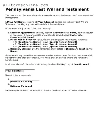 Attorney-Approved  Last Will and Testament Form for Pennsylvania